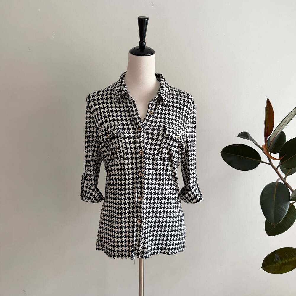 J.McLaughlin Black & White Houndstooth Silk Blouse Button Down Shirt Size L